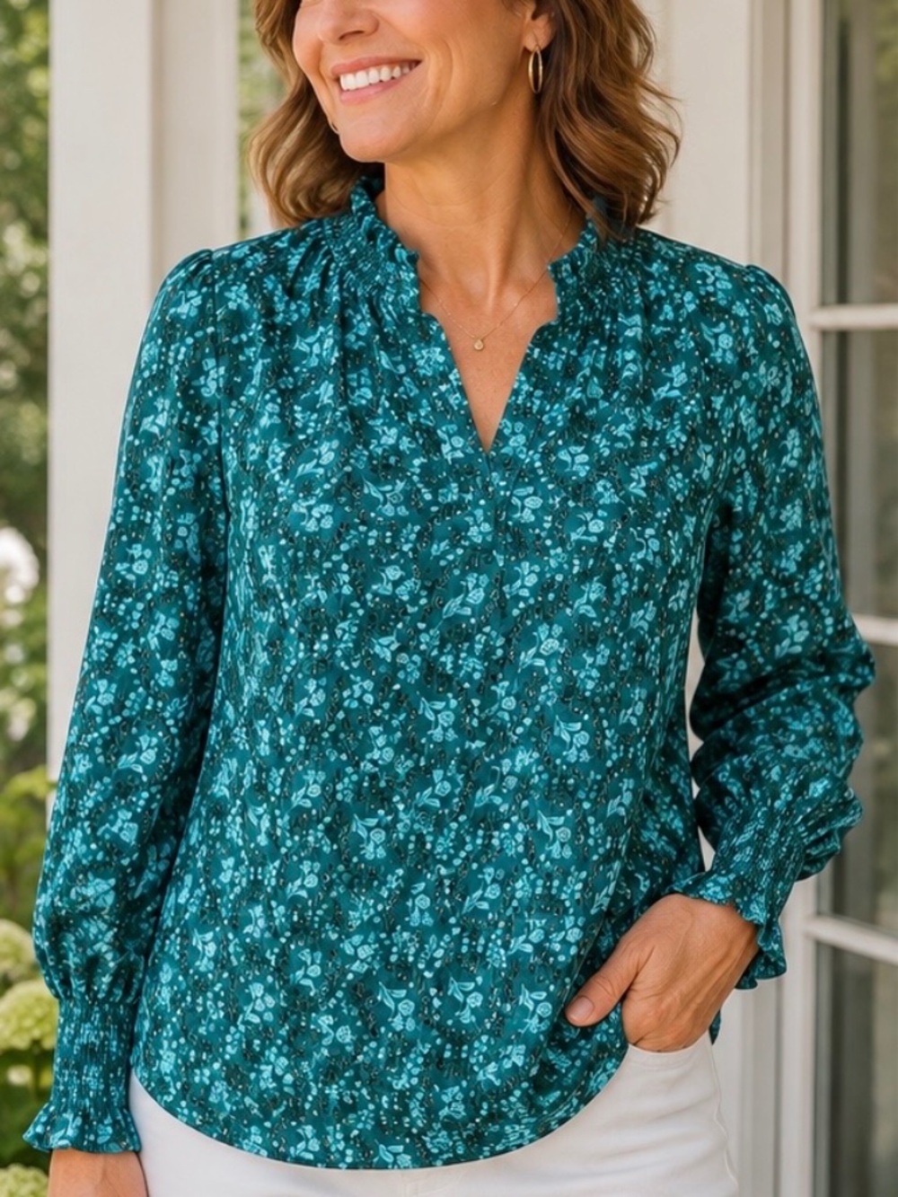 NWOT Talbots Teal Floral Ruffle Neck Long Sleeve Blouse